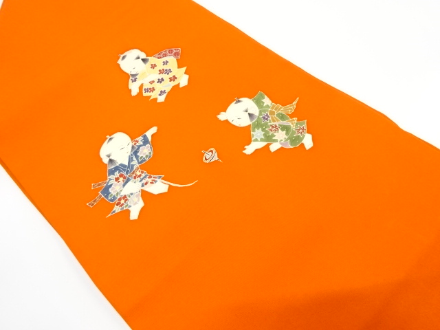 塩瀬　手描き　御所人形模様　名古屋帯